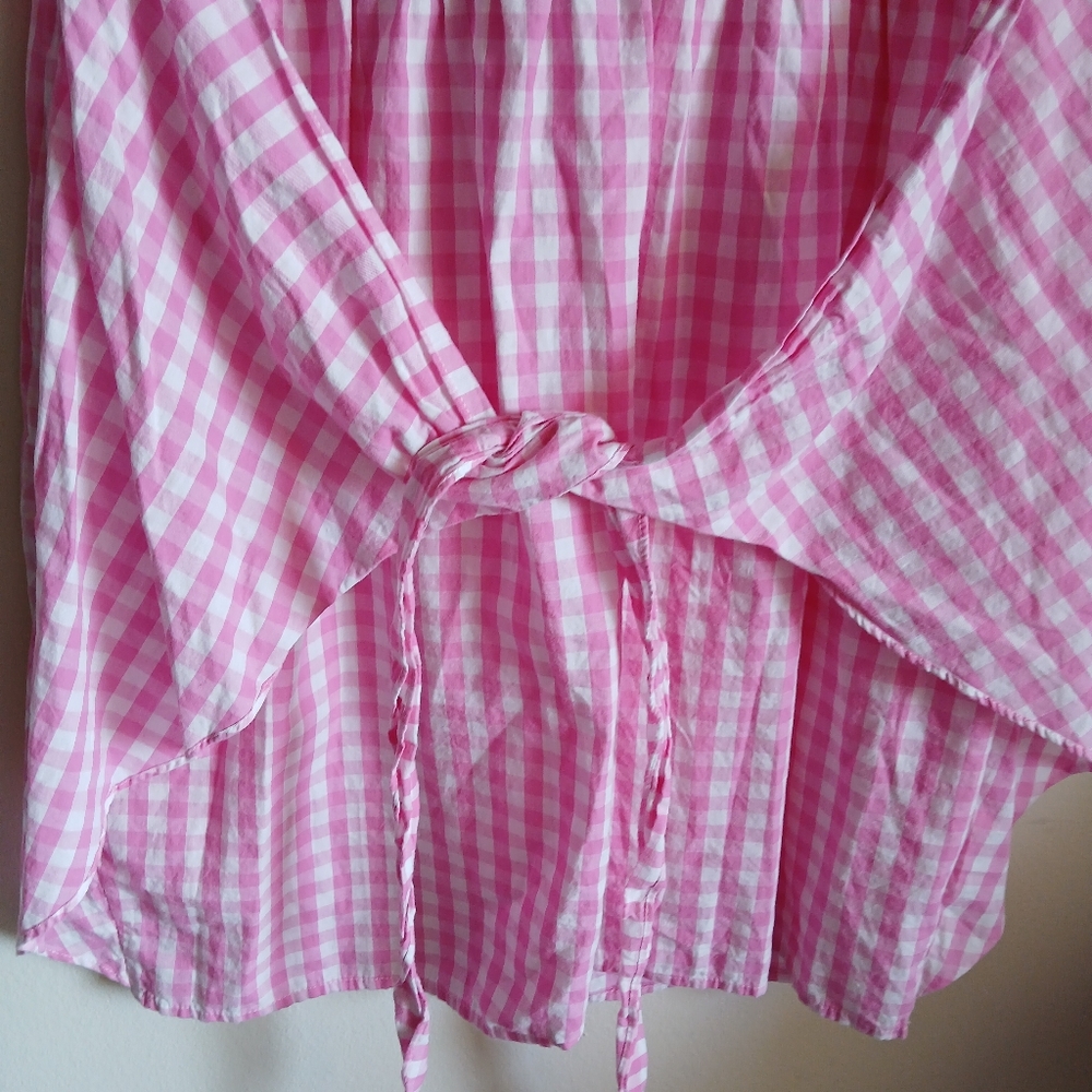 Fashion- Pink Gingham Elbow Sleeves with Wrap  Waist Front/Side Tie Dress - Picture 10 of 11